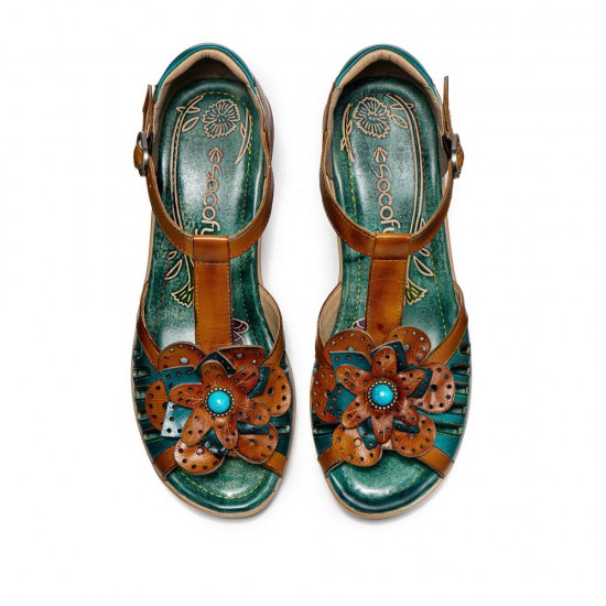 Genuine Leather Retro Three dimensional Flower Comfy Breathable Hollow Heeled Sandals Genuine Leather Retro Three dimensional Flower Comfy Breathable Hollow Heeled Sandals
