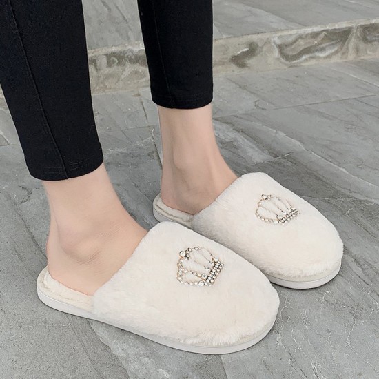 Women Casual Plush Warm Rhinestone Crown Decor Winter Indoor Slippers Women Casual Plush Warm Rhinestone Crown Decor Winter Indoor Slippers