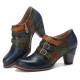 Genuine Leather Comfy Side zip Retro Belt Buckle Decor Floral Heels Genuine Leather Comfy Side zip Retro Belt Buckle Decor Floral Heels