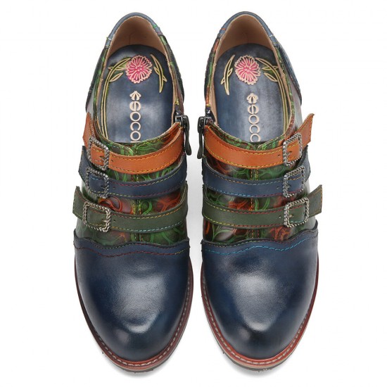 Genuine Leather Comfy Side zip Retro Belt Buckle Decor Floral Heels Genuine Leather Comfy Side zip Retro Belt Buckle Decor Floral Heels