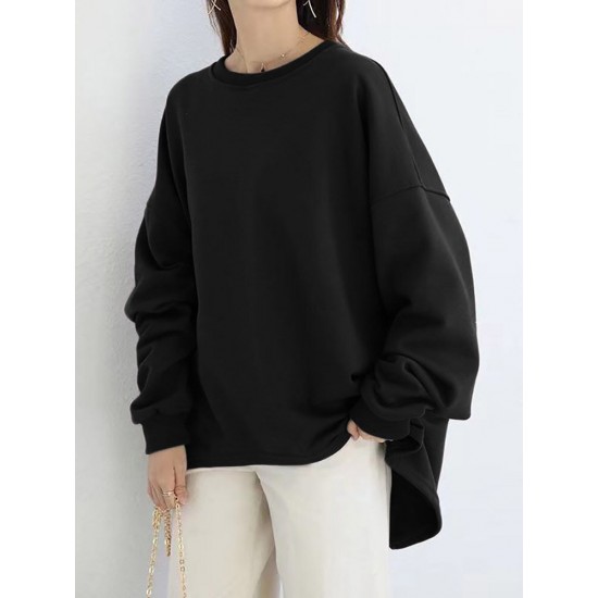 Women Loose Thick Back Fork High Low Solid Casual Pullover Sweatshirt Women Loose Thick Back Fork High Low Solid Casual Pullover Sweatshirt