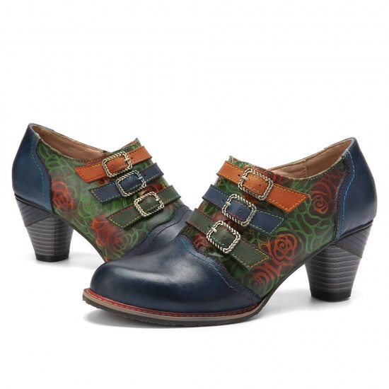 Genuine Leather Comfy Side zip Retro Belt Buckle Decor Floral Heels Genuine Leather Comfy Side zip Retro Belt Buckle Decor Floral Heels