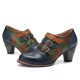 Genuine Leather Comfy Side zip Retro Belt Buckle Decor Floral Heels Genuine Leather Comfy Side zip Retro Belt Buckle Decor Floral Heels