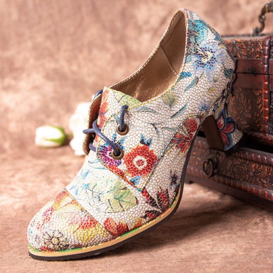 SOCOFY Fresh Natural Flowers Leaves Printed Comfy Wearable Chunky Heel Women Casual Lace Up Pumps SOCOFY Fresh Natural Flowers Leaves Printed Comfy Wearable Chunky Heel Women Casual Lace Up Pumps