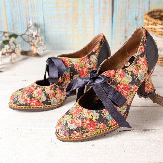 SOCOFY Women Elegant Graceful Little Flowers Printed Comfy Wearable Lace Up Stitching Chunky Heel Pumps SOCOFY Women Elegant Graceful Little Flowers Printed Comfy Wearable Lace Up Stitching Chunky Heel Pumps